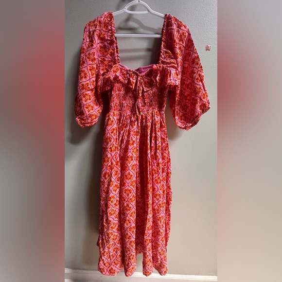 NEW Free People Oasis Printed Smocked Ethereal Midi Dress Pink/Rose Women’s XS - Picture 5 of 16